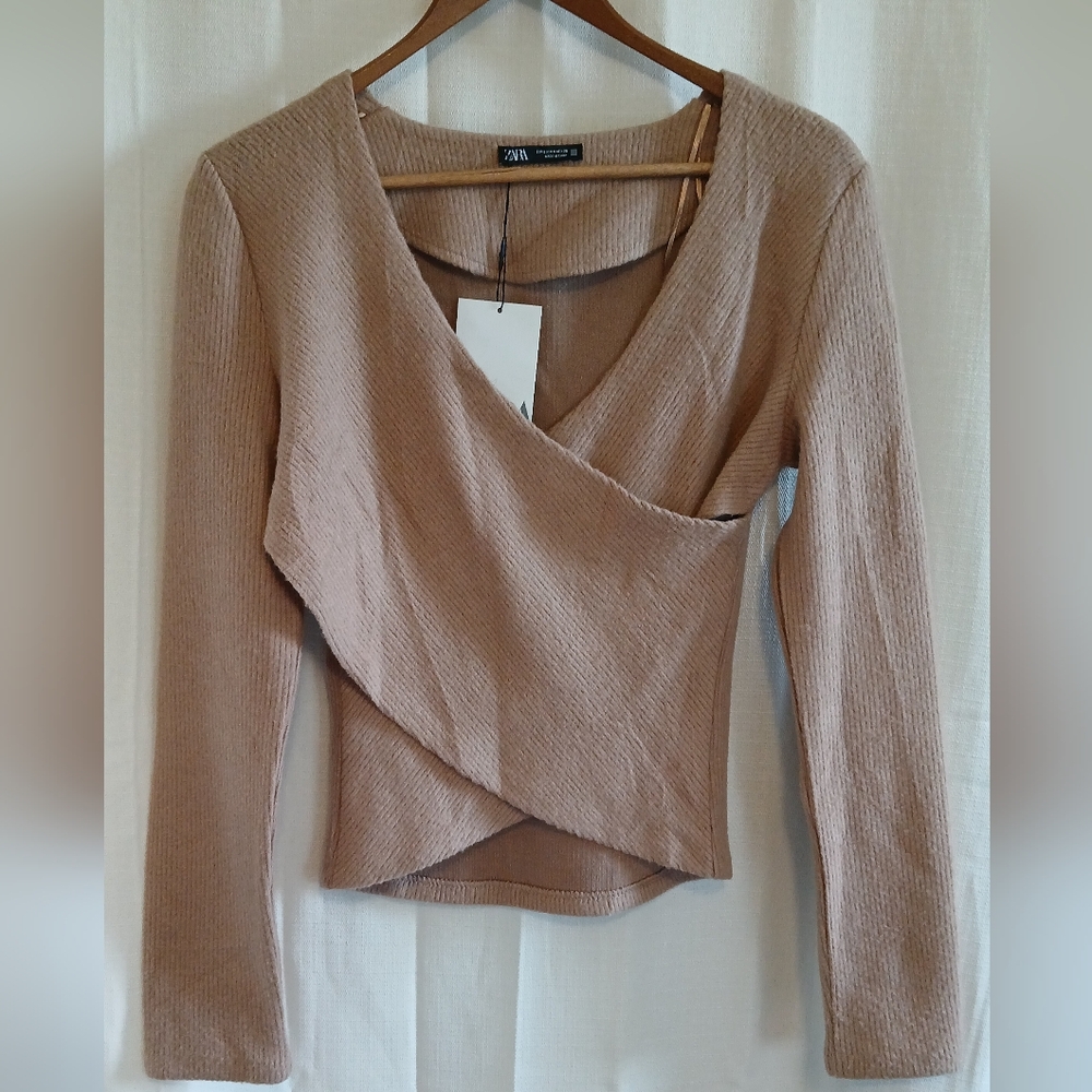 Zara Tan Ribbed Wrap Top